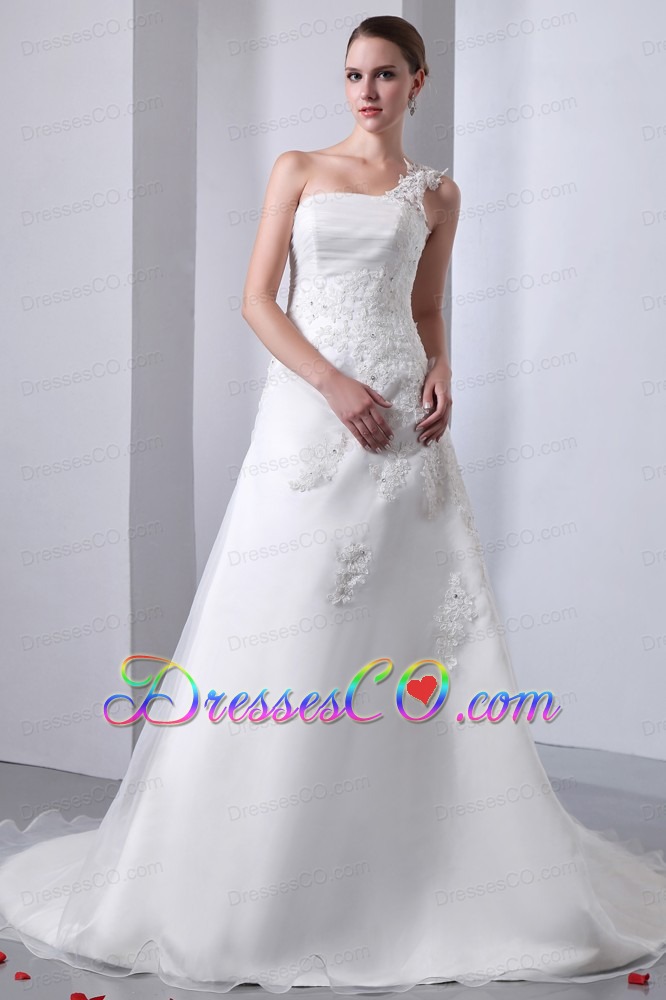 Simple A-line One Shoulder Court Train Satin and Organza Appliques With Beading Wedding Dress