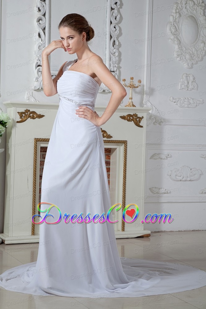 Sweet Empire One Shoulder Court Train Chiffon Beading and Ruch Wedding Dress