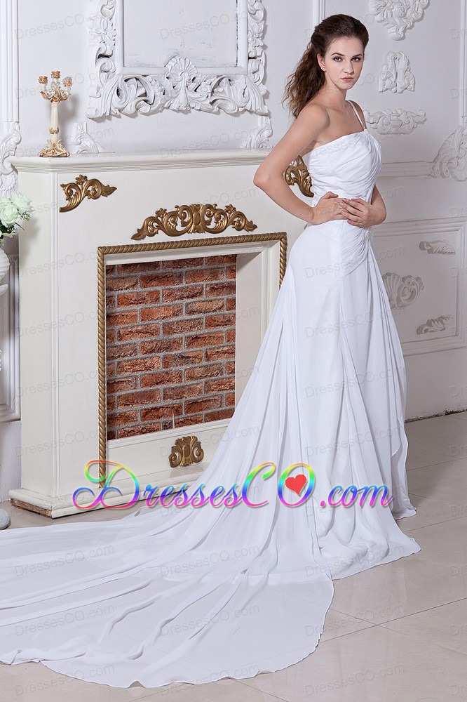 Elegant A-line / Princess One Shoulder Court Train Chiffon Beading Wedding Dress