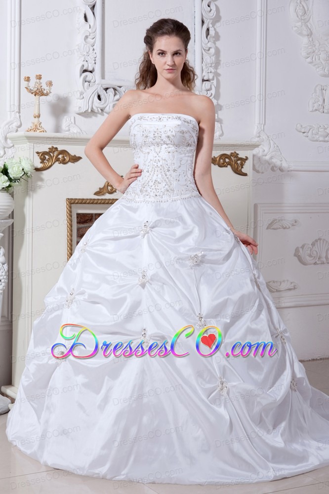 Beautiful A-line Strapless Court Train Taffeta Embroidery Wedding Dress