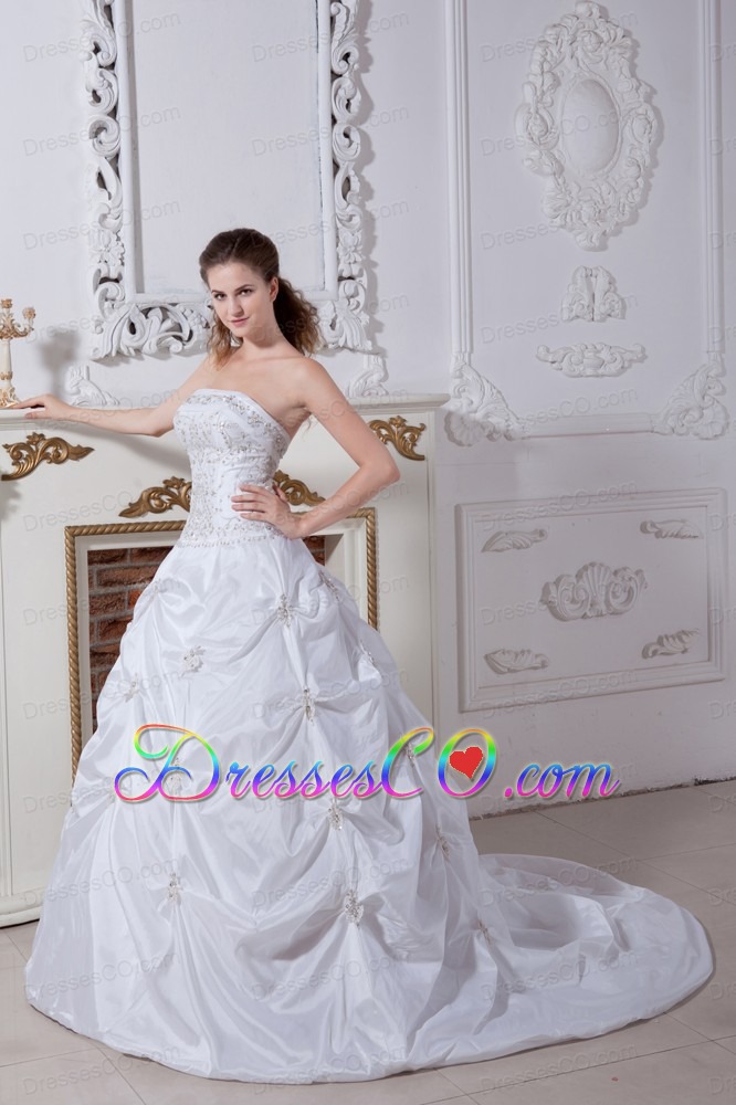 Beautiful A-line Strapless Court Train Taffeta Embroidery Wedding Dress