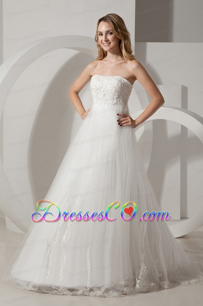 Modest A-line Strapless Brush Train Taffeta and Tulle Appliques Wedding Dress