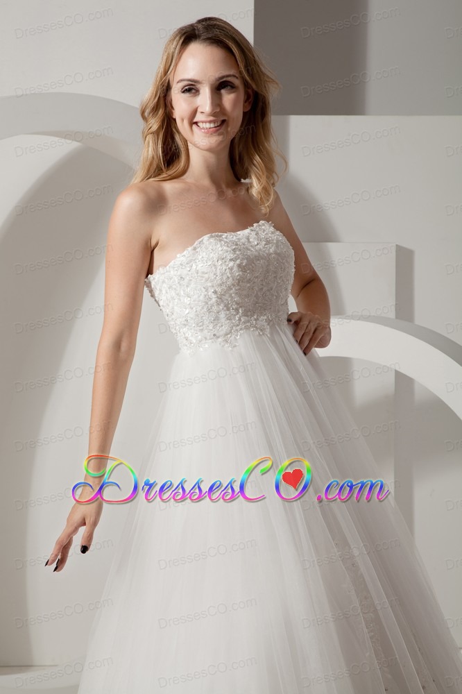Modest A-line Strapless Brush Train Taffeta and Tulle Appliques Wedding Dress