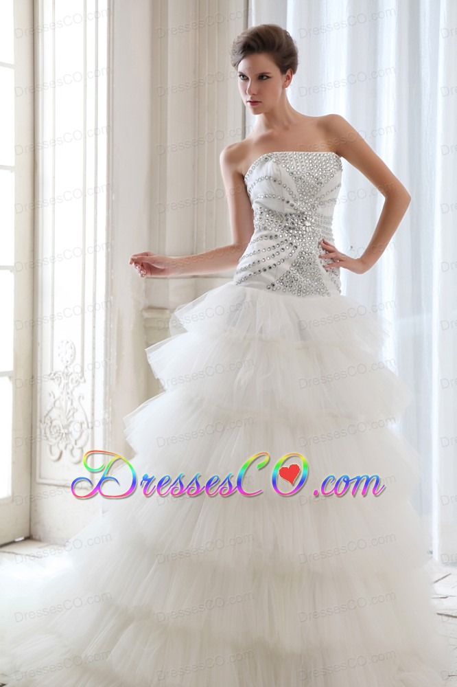A-line Strapless Court Train Tulle Beading Wedding Dress