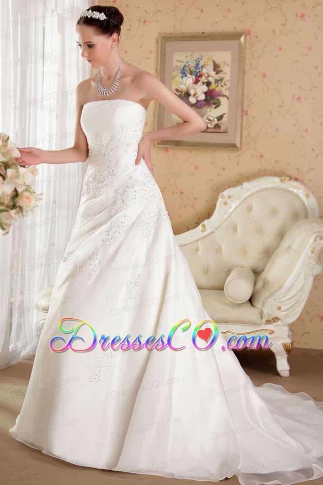 White A-line / Princess Strapless Court Train Organza Beading Wedding Dress