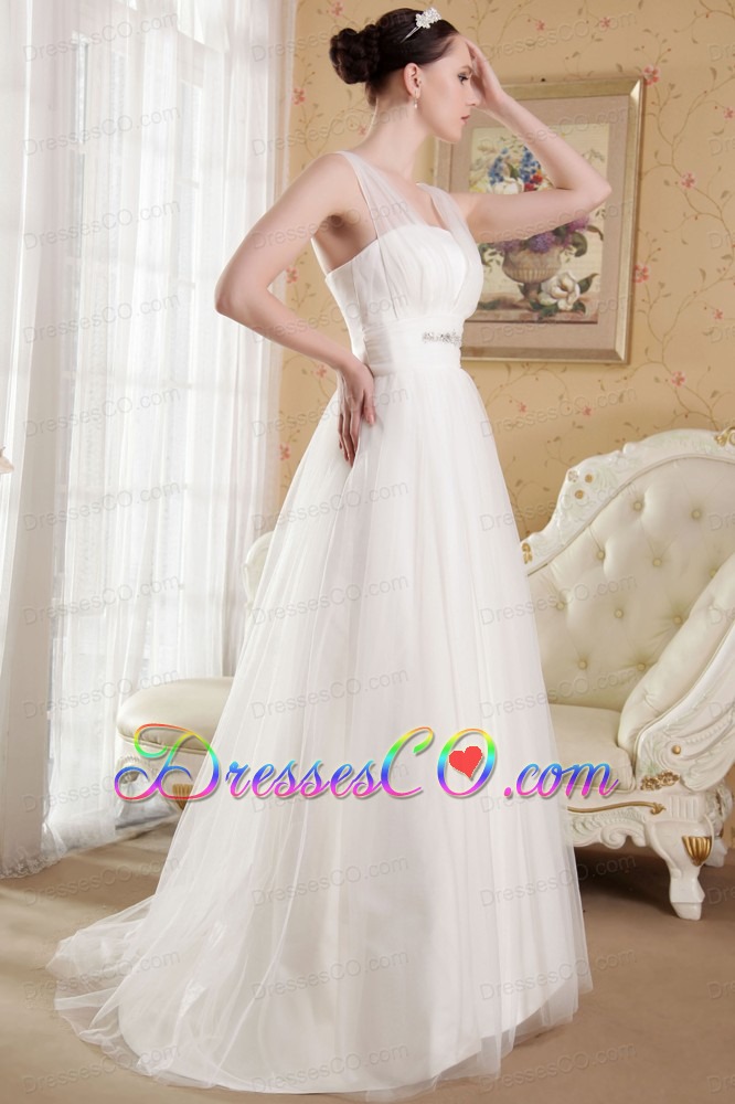 White A-Line / Princess V-neck Brush Train Satin and Organza Beading Wedding Dress