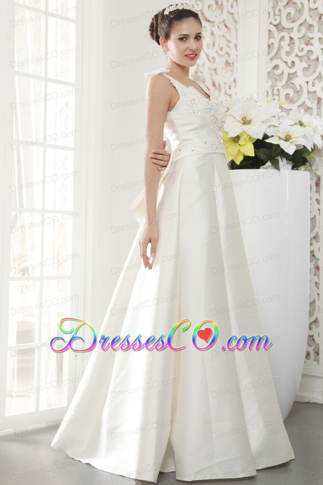 Brand New A-line / Princess V-neck Long Satin Beading Wedding Dress
