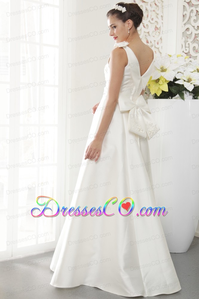 Brand New A-line / Princess V-neck Long Satin Beading Wedding Dress