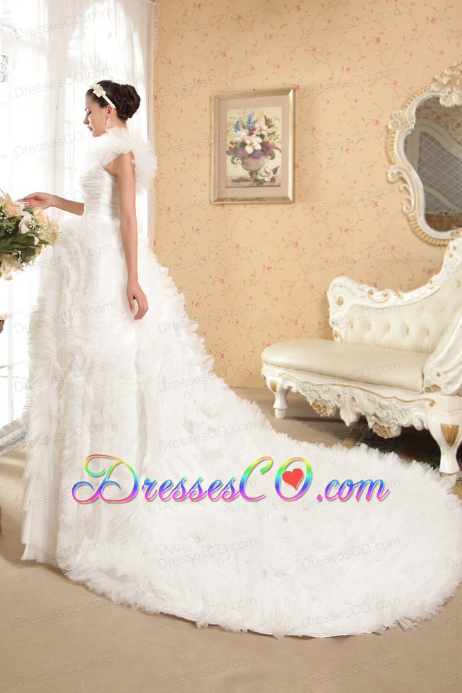 Fashionable A-line One Shoulder Chapel Train Taffeta and Tulle Beading Wedding Dress