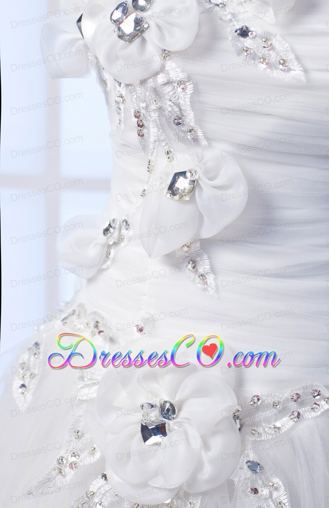 Popular A-line Strapless Long Tulle Beading And Hand Made Flowers Wedding Dress