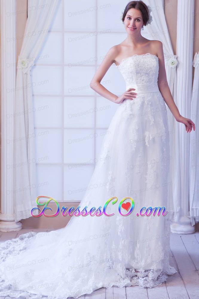 Perfect Column Strapless Court Train Lace Sashes Wedding Dress