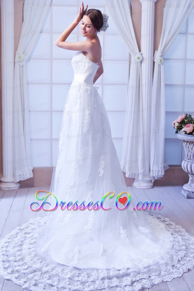 Perfect Column Strapless Court Train Lace Sashes Wedding Dress