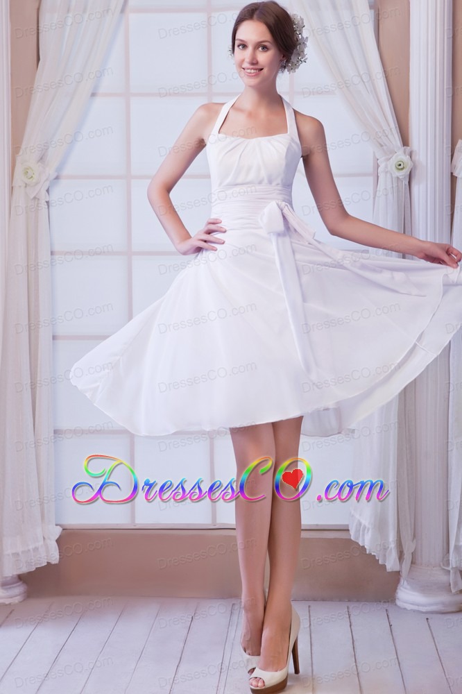 White A-line Halter Knee-length Chiffon Ruched Prom Dress