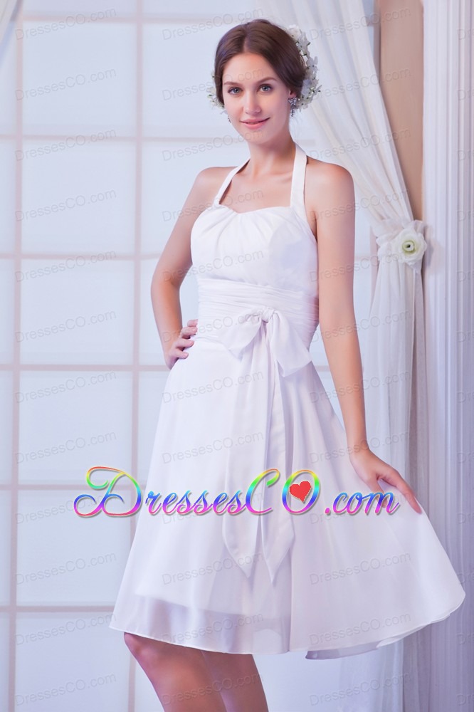 White A-line Halter Knee-length Chiffon Ruched Prom Dress