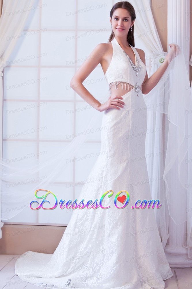 Perfect A-line Halter Watteau Train Lace Beading Wedding Dress