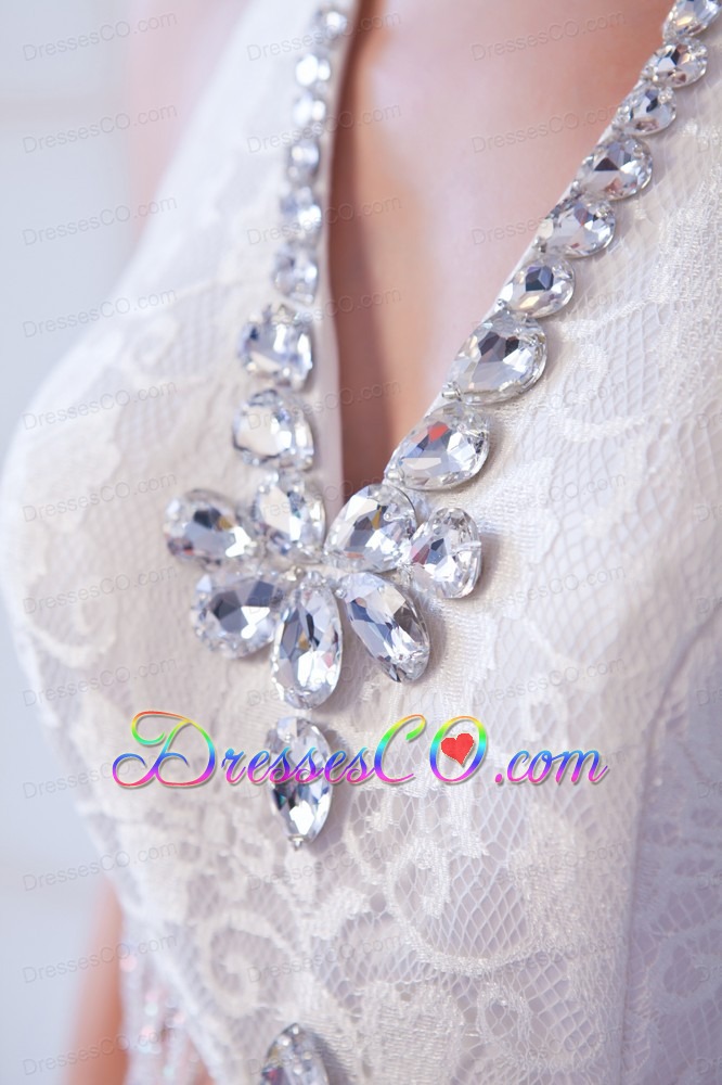 Perfect A-line Halter Watteau Train Lace Beading Wedding Dress