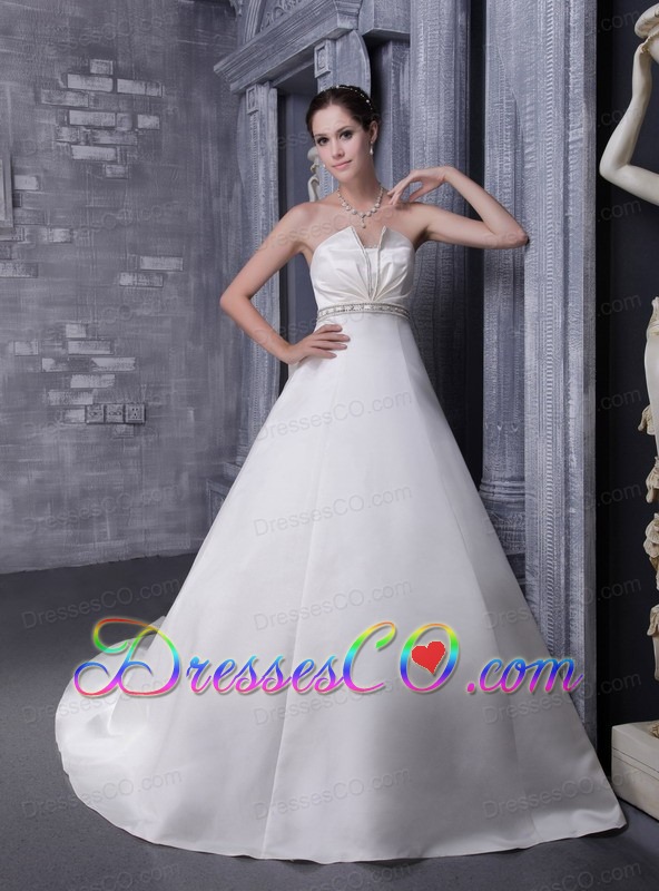 White A-Line / Princess Strapless Chapel Train  Satin Beading Wedding Dress