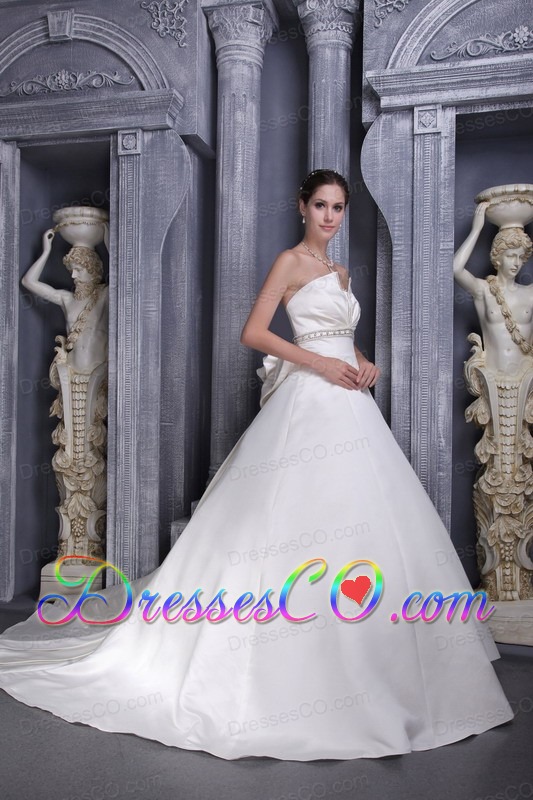 White A-Line / Princess Strapless Chapel Train  Satin Beading Wedding Dress