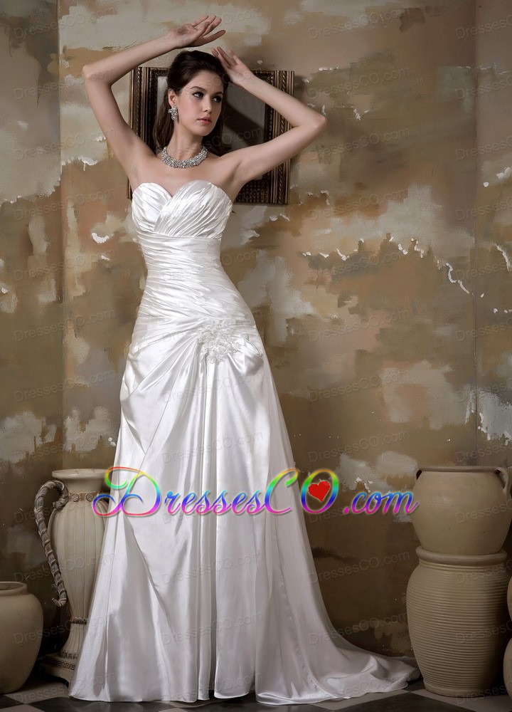 Elegant A-line Court Train Elastic Wove Satin Appliques Ruching Wedding Dress