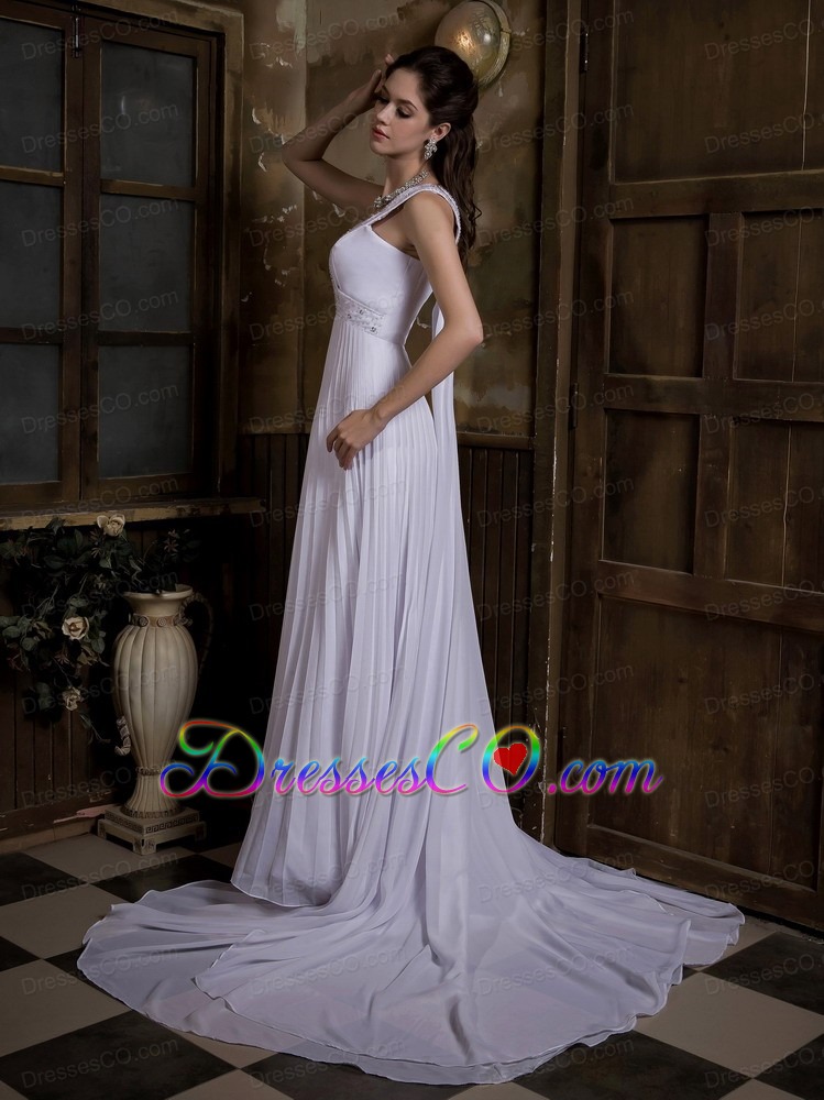 Beautiful Empire V-neck Watteau Train Taffeta and Chiffon Pleat and Beading Wedding Dress