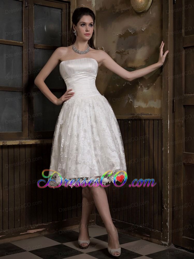 Cute A-line Strapless Knee-length Satin And Lace Wedding Dress