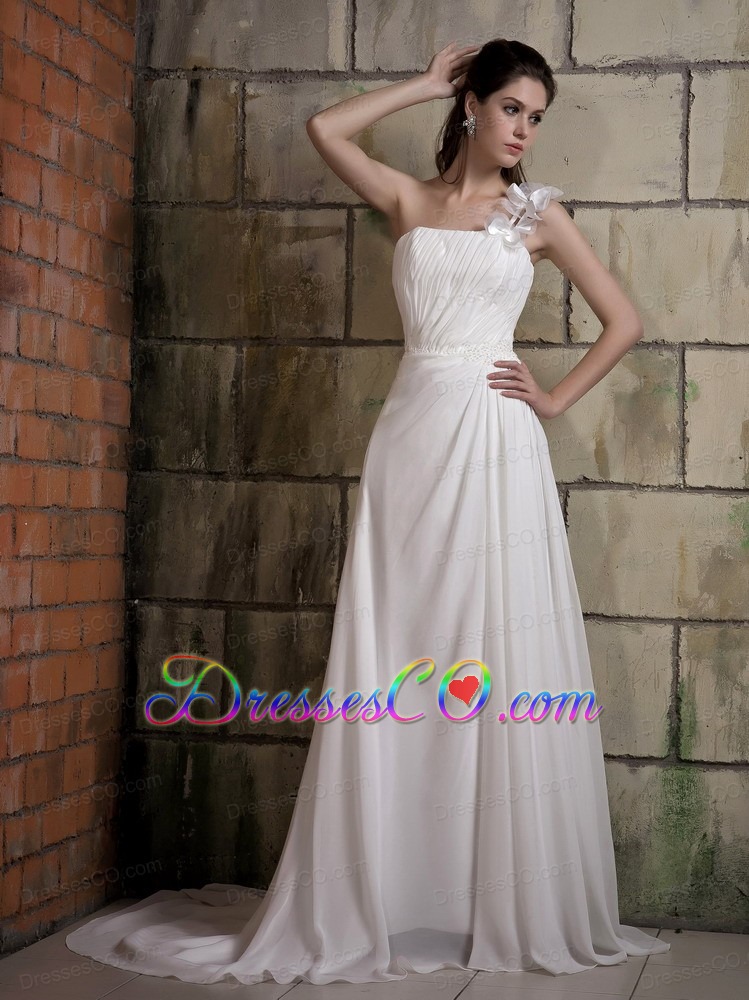 Simple A-line One Shoulder Court Train Chiffon Ruched and Beading Wedding Dress