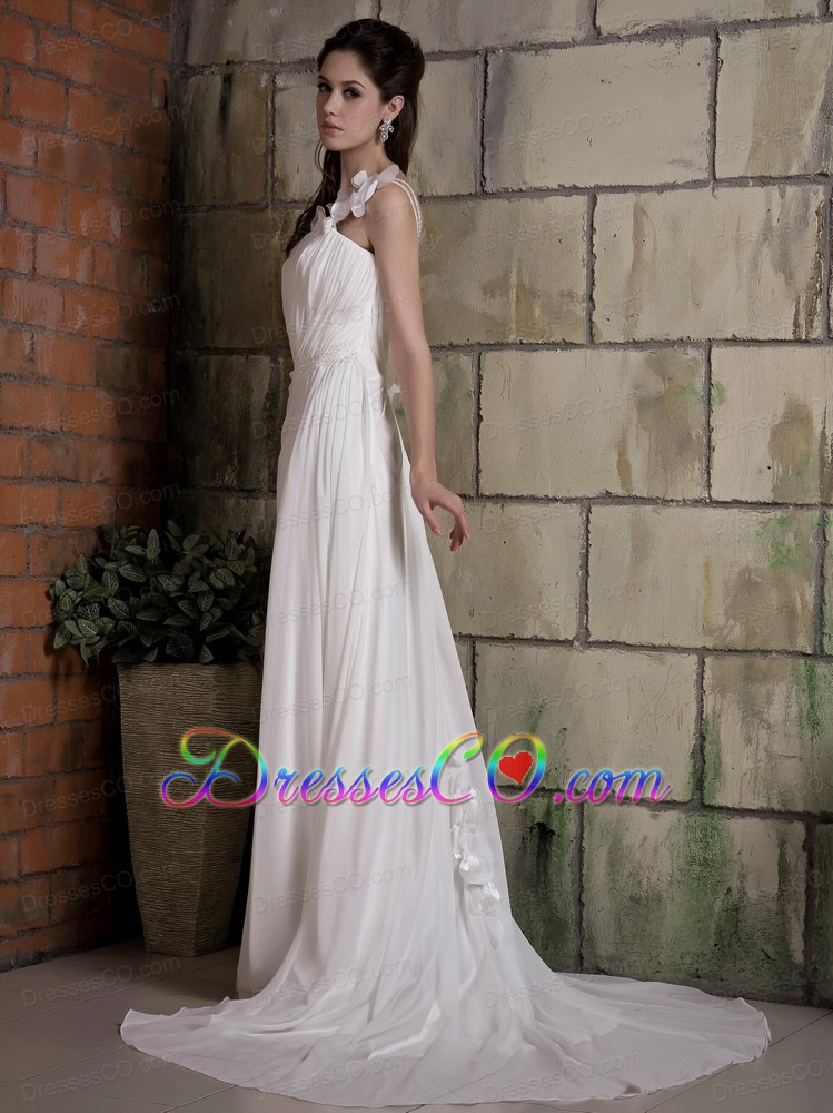 Simple A-line One Shoulder Court Train Chiffon Ruched and Beading Wedding Dress
