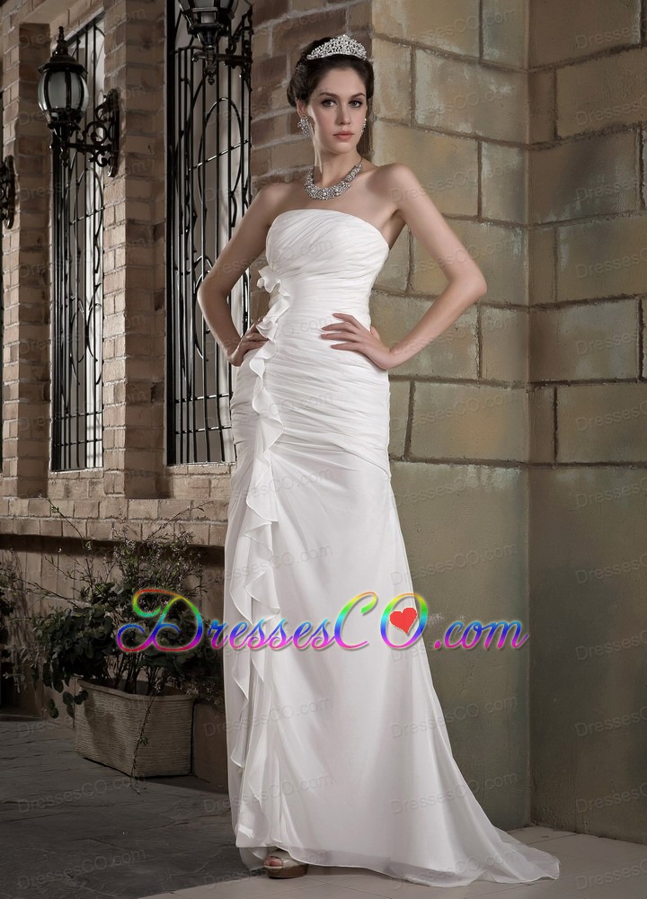 Elegant Column Strapless Brush Train Chiffon Ruched Wedding Dress