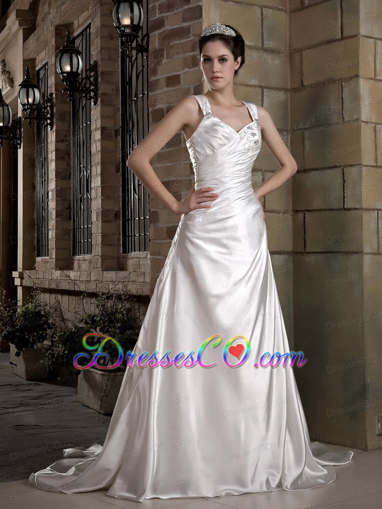 Graceful A-line Straps Court Train Taffeta Ruched and Appliques Wedding Dress