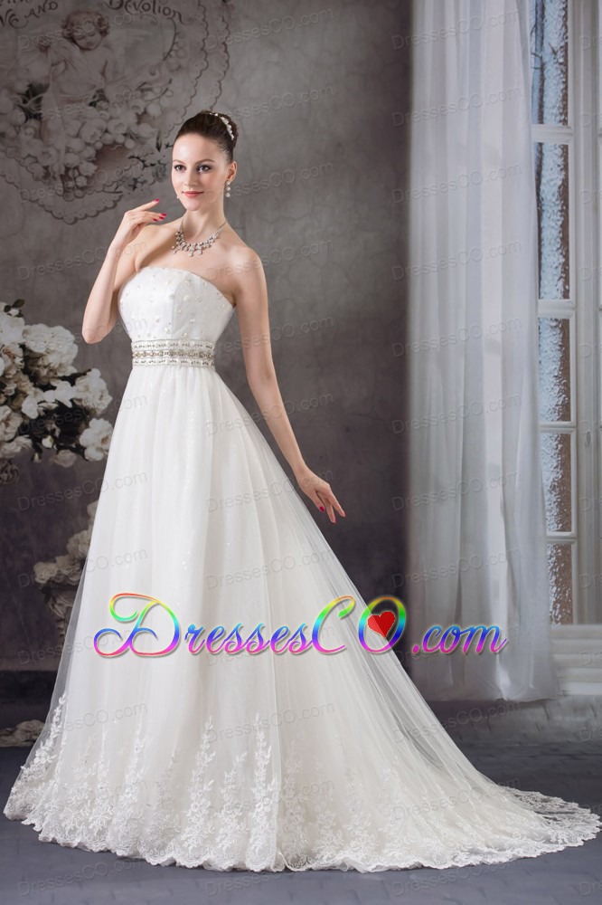 A-line Strapless Lace Beading Tulle Wedding Dress