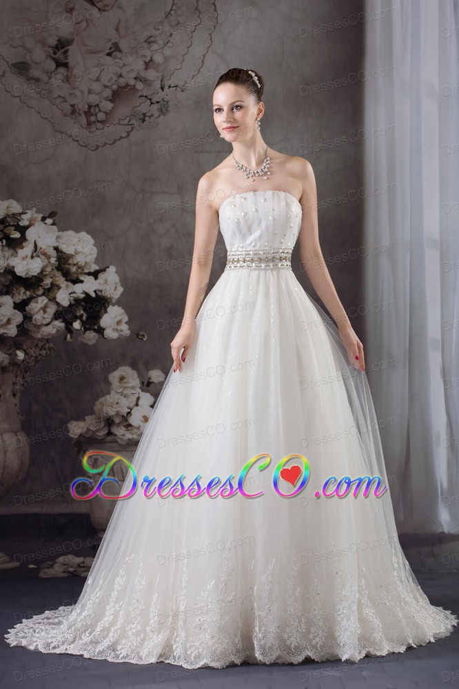 A-line Strapless Lace Beading Tulle Wedding Dress