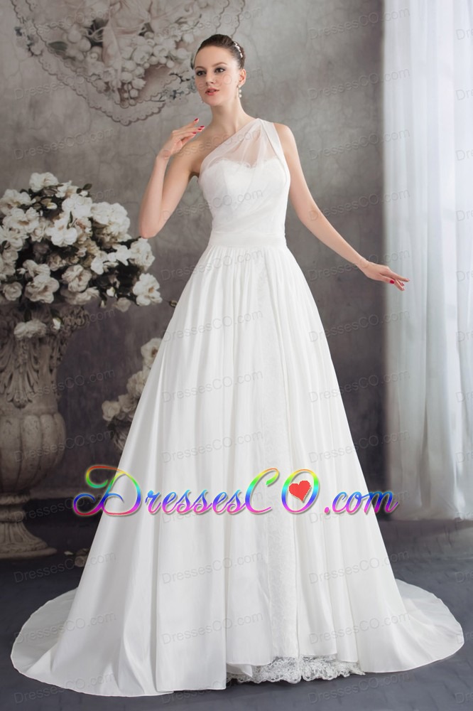 A-line One Shoulder Ruching Lace Court Train Wedding Dress