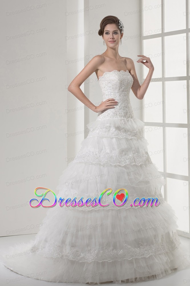 Lace Strapless A-line / Princess Wedding Dress With Brush Train
