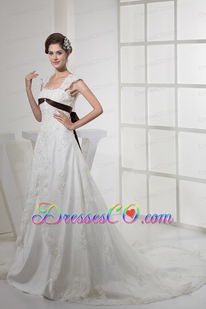 Square Neck Princess Lace Wedding Dress With Brown Sash