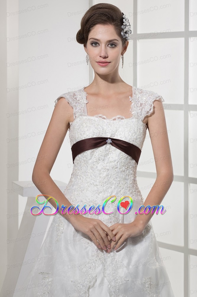 Square Neck Princess Lace Wedding Dress With Brown Sash