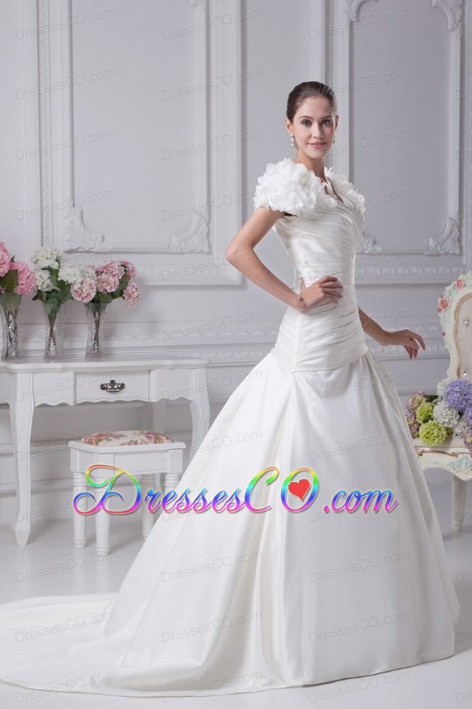 Ruching A-Line V-Neck Court Train Wedding Dress with Short Sleeves
