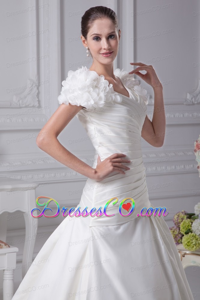 Ruching A-Line V-Neck Court Train Wedding Dress with Short Sleeves