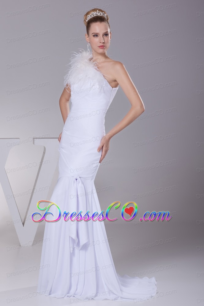 One Shoulder Chiffon Mermaid Feather Brush Train Wedding Dress