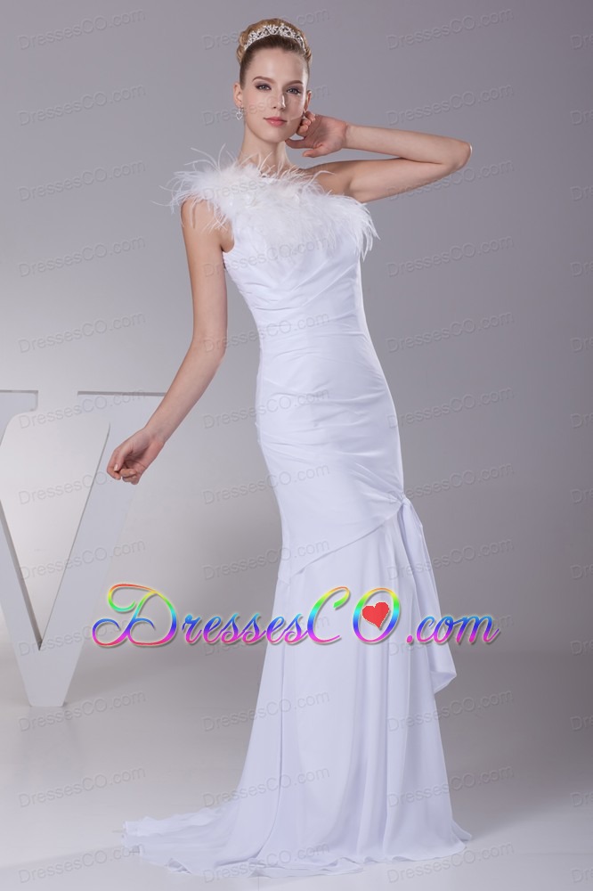 One Shoulder Chiffon Mermaid Feather Brush Train Wedding Dress