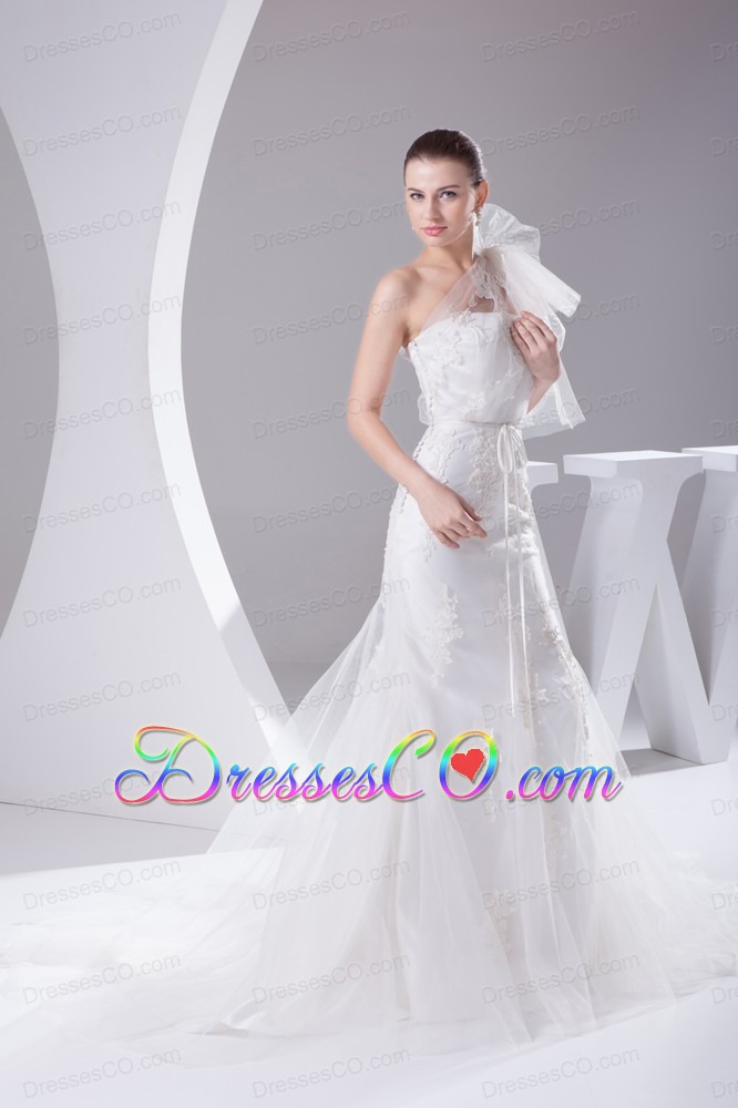 One Shoulder Mermaid Sash Brush Train Wedding Dress