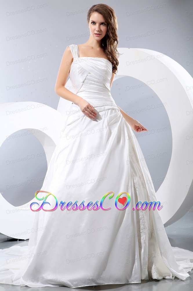 Luxurious A-line One Shoulder Taffeta Appliques and Ruched Wedding Dress