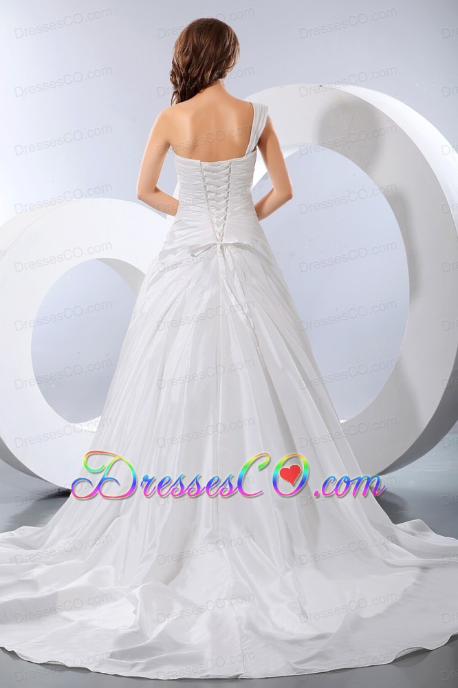 Luxurious A-line One Shoulder Taffeta Appliques and Ruched Wedding Dress