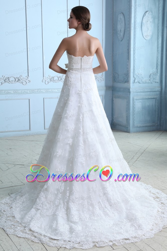 Beautiful A-line Strapless Court Train Lace Sash Wedding Dress