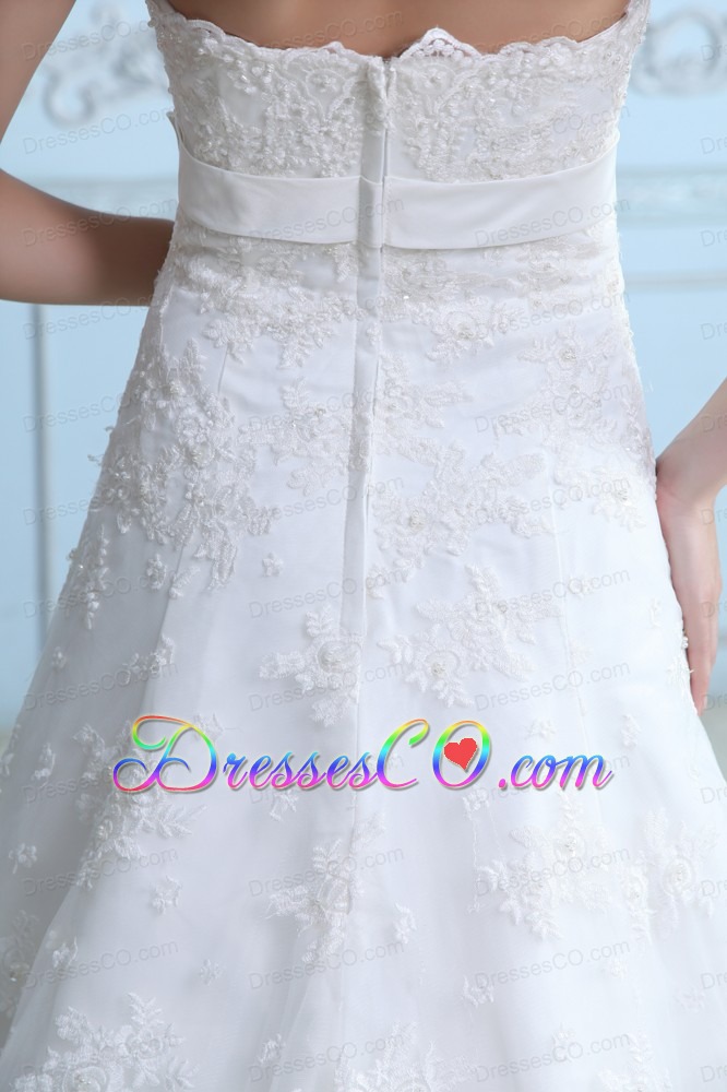 Beautiful A-line Strapless Court Train Lace Sash Wedding Dress