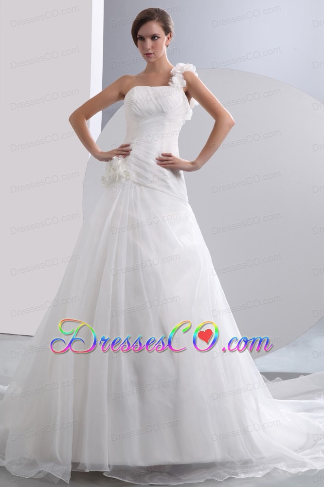 Simple A-line One Shoulder Chapel Train Taffeta and Organza Hand Made Flowers Ruched Wedding Dress