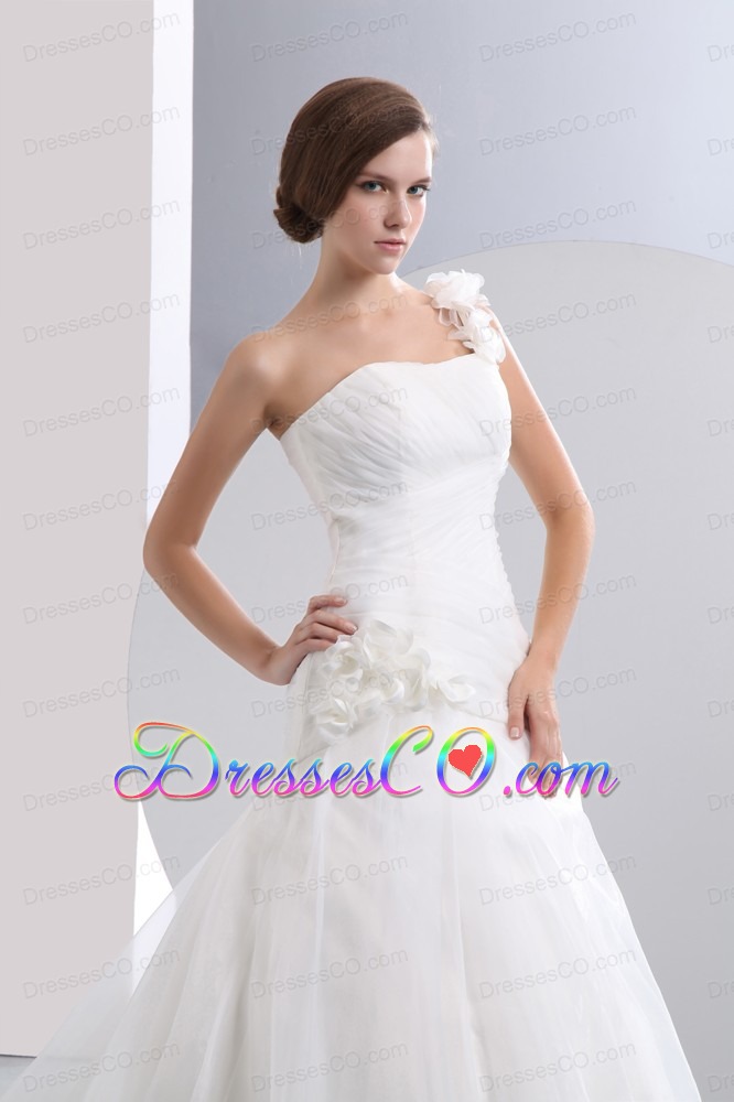 Simple A-line One Shoulder Chapel Train Taffeta and Organza Hand Made Flowers Ruched Wedding Dress