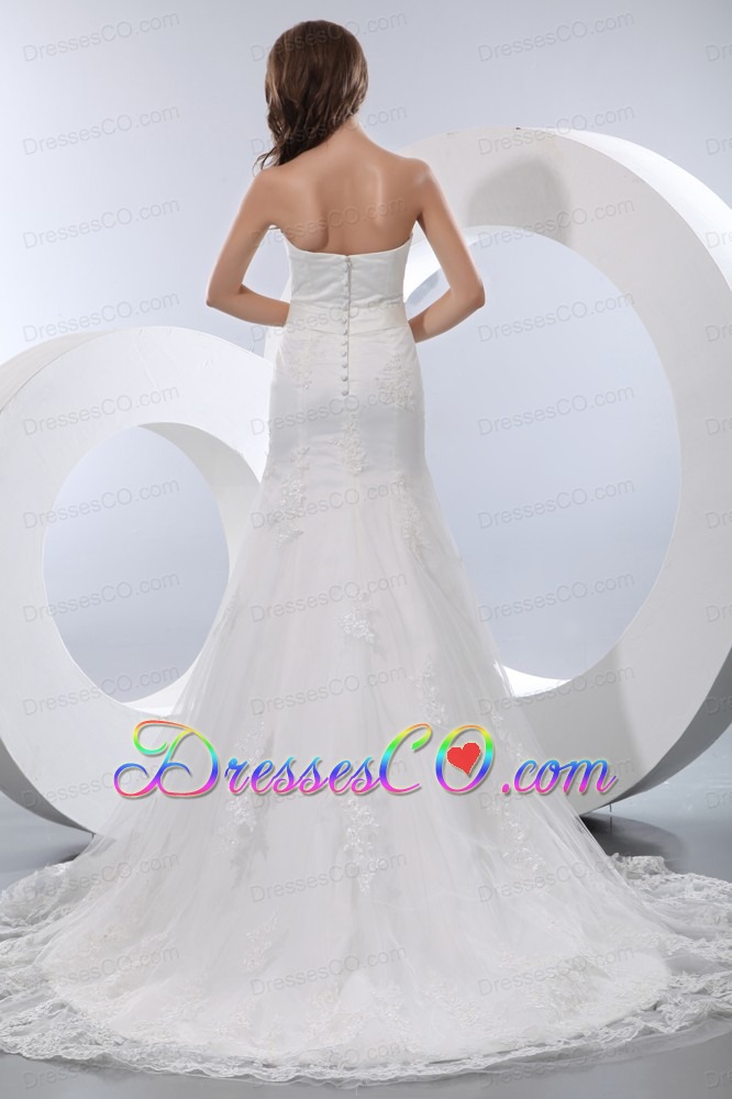 Fashionable Mermaid Strapless Court Train Satin and Lace Bow Wedding Dress