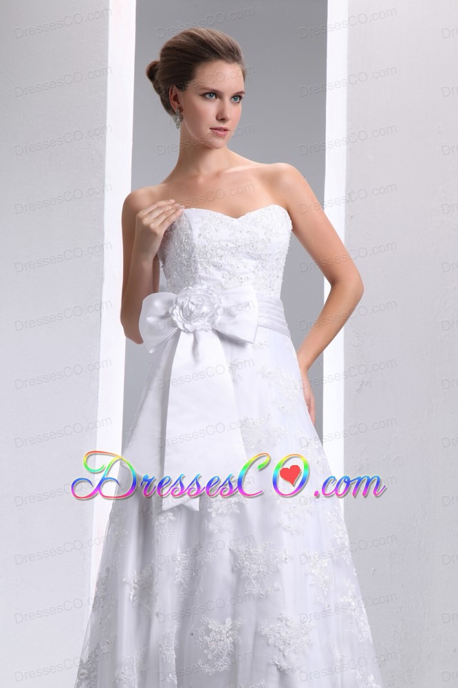 Popular A-line Brush Train Taffeta and Lace Hand Made Flower and Bow Wedding Dress