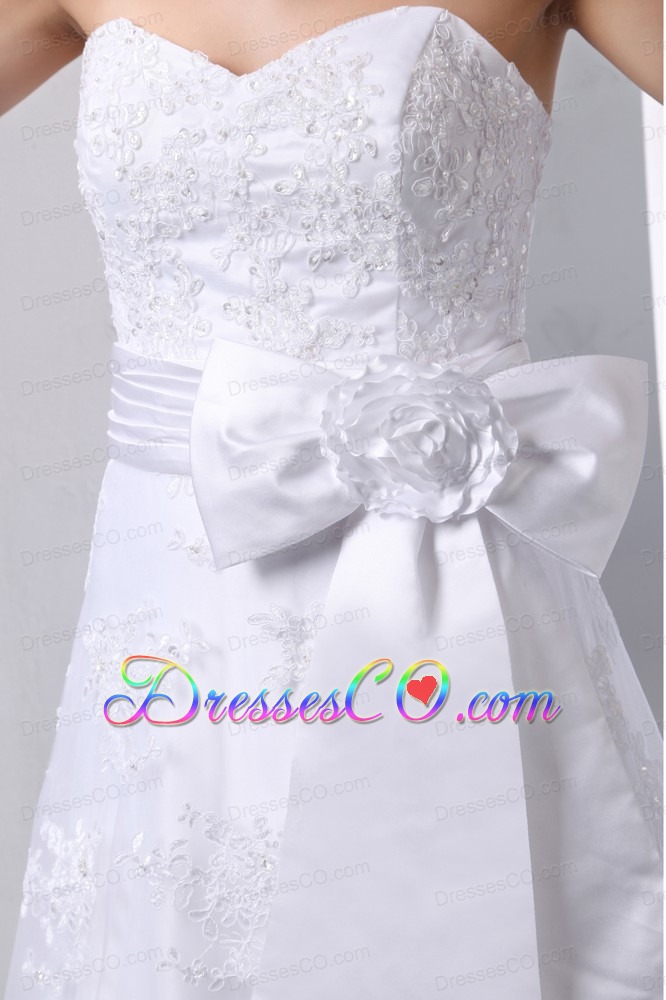 Popular A-line Brush Train Taffeta and Lace Hand Made Flower and Bow Wedding Dress