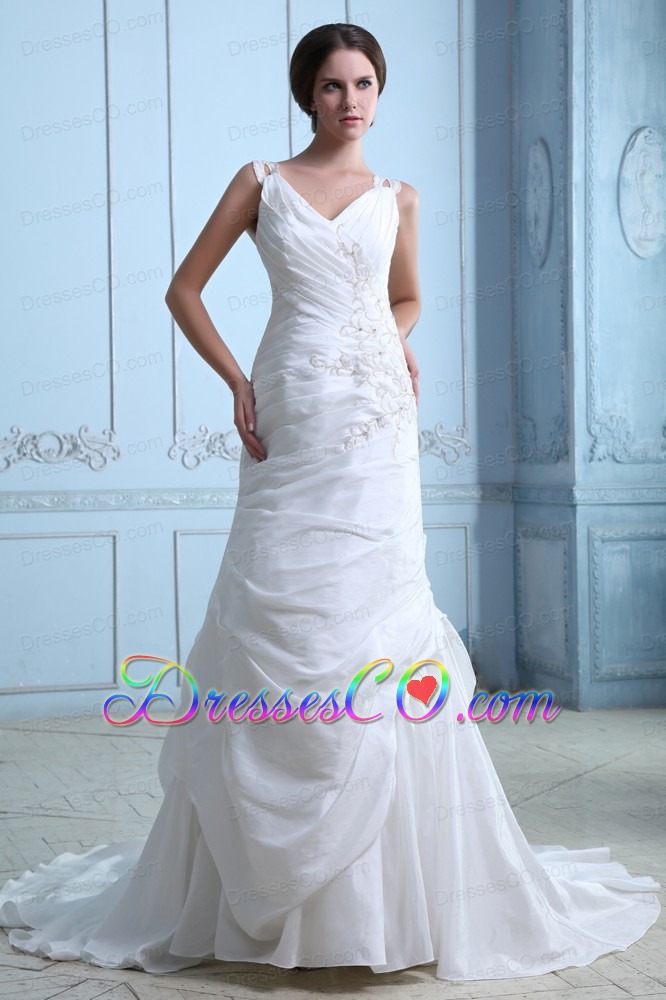 Beautiful A-line V-neck Court Train Taffeta Ruched and Appliques Wedding Dress